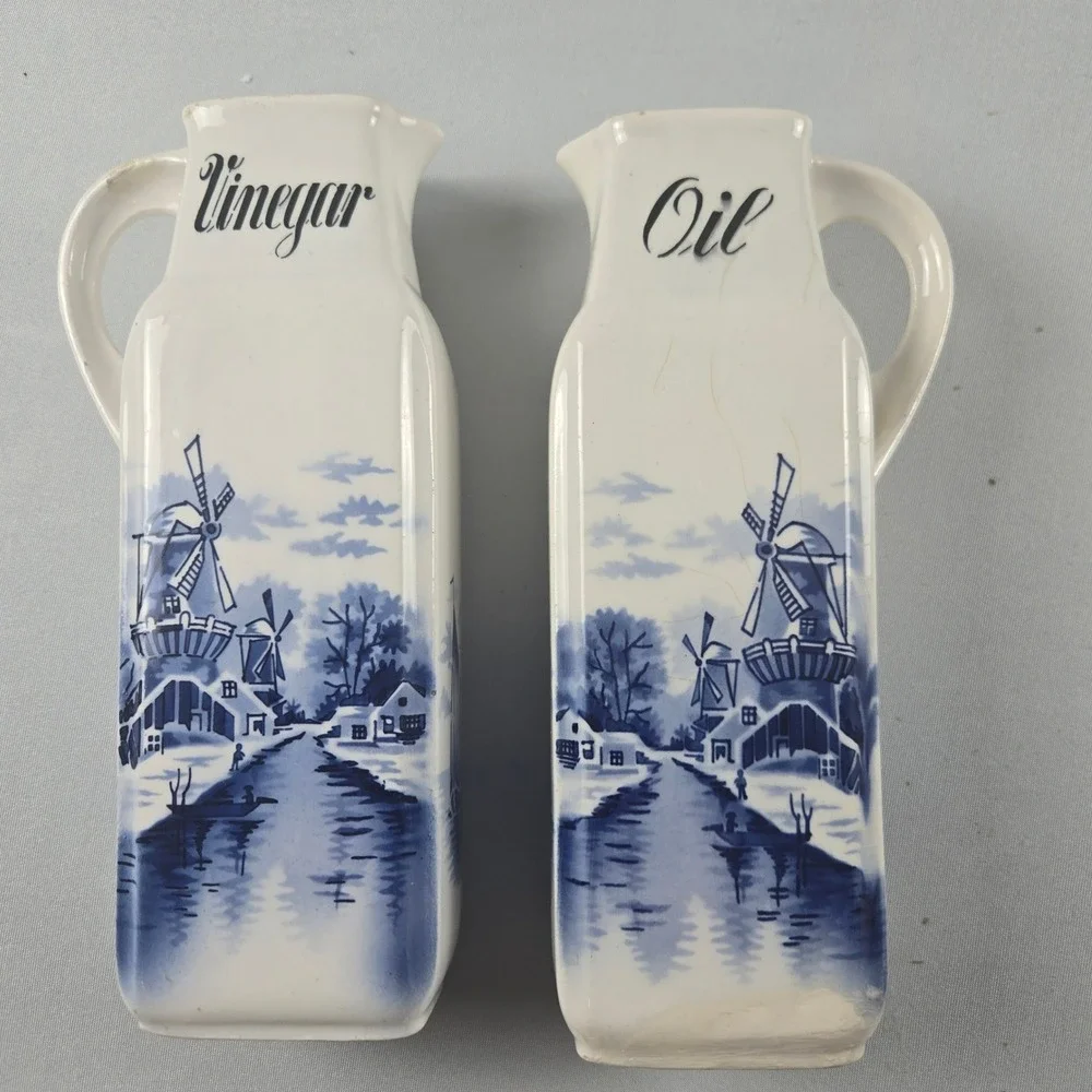 Vintage Delft Blue Holland Oil Vinegar Cruet Set Windmill Ceramic Pitchers